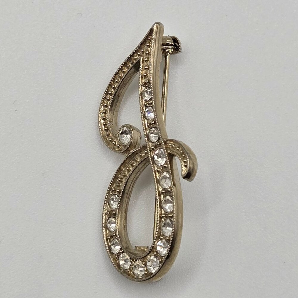 VTG Brooch Script Insignia Letter Name Monogran "J" Cursive Gold Tone Rhinestone - Picture 2 of 8